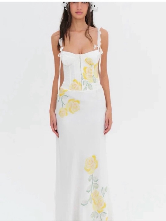For Love And Lemons Dresses & Skirts - For Love And Lemons White Maxi Slip Dress with Yellow Rose Appliqués